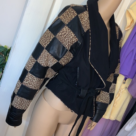 Vtg 80s rare unique leopard checked leather new wave  batwing wrap jacket L - Picture 7 of 15